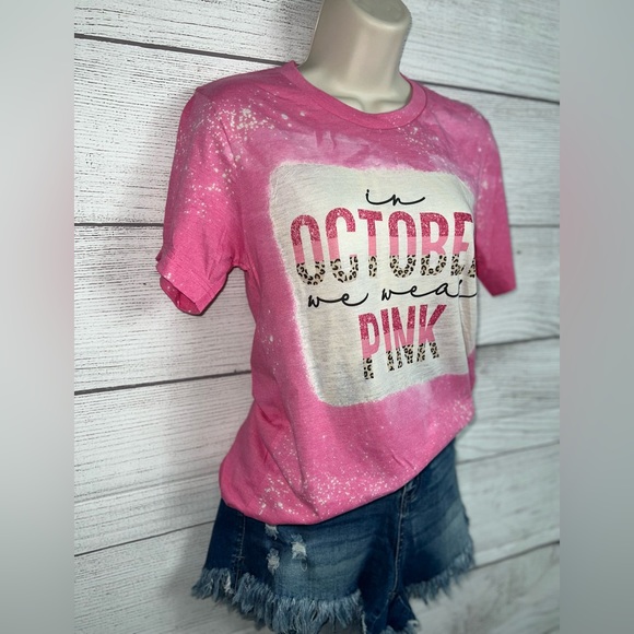 “In October we wear Pink” Bella Canvas Bleached Leopard Soft T Shirt 💗 - Picture 2 of 4